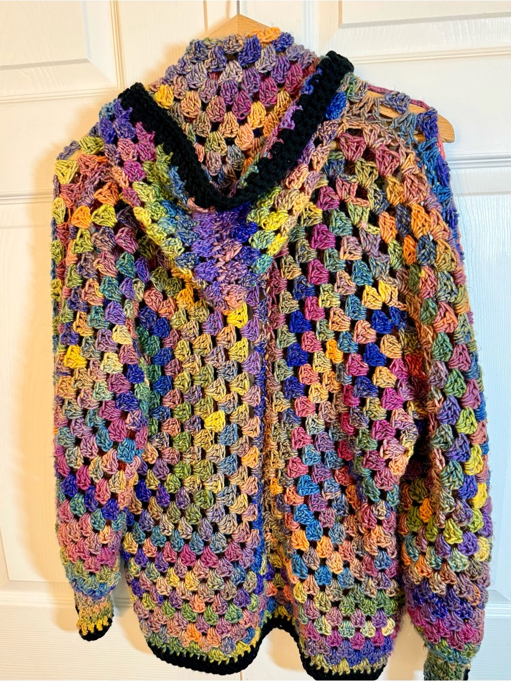 Handmade Multicolor Crochet Hooded Hexagon Cardigan with Black Trim - Picture 3 of 7